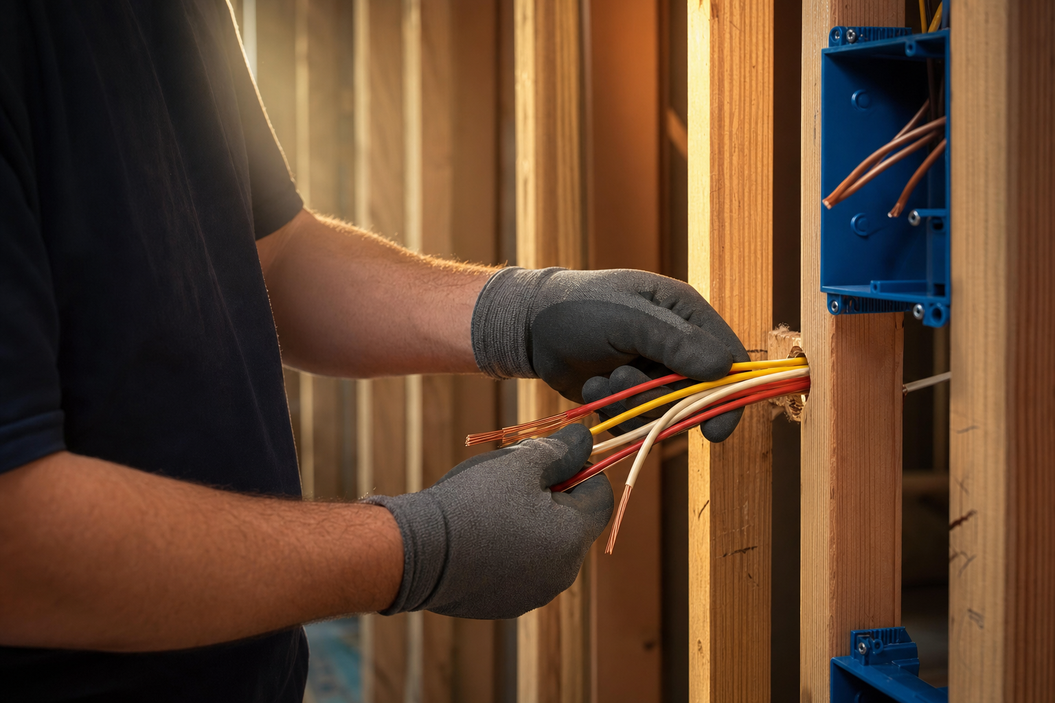 Victory Electric technician routing wiring inside a wall frame